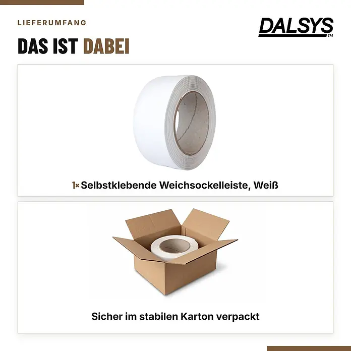 Dalsys Weichsockelleiste Selbstklebend 5m Weiß Fußbodenleiste -  - Weiße selbstklebende Weichsockelleiste, aufgerollt und sicher im Karton verpackt.