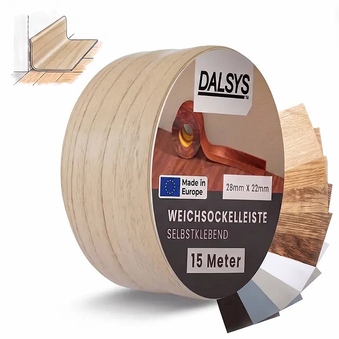 Dalsys Weichsockelleiste Selbstklebend 15m Buche Fußbodenleiste -  - Rolle selbstklebender Weichsockelleiste DALSYS mit Holzmaserung. 28x22mm, 15 Meter, Made in Europe.