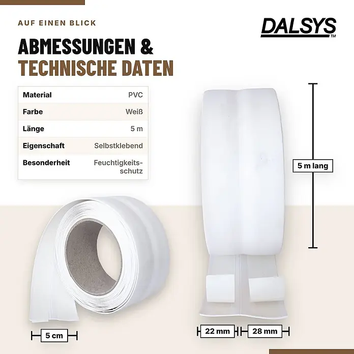 Dalsys Weichsockelleiste Selbstklebend 5m Weiß Fußbodenleiste -  - Weißes selbstklebendes PVC-Dichtungsband, 5m lang, 5cm breit, für Feuchtigkeitsschutz. Zeigt auch 22mm/28mm Maße.