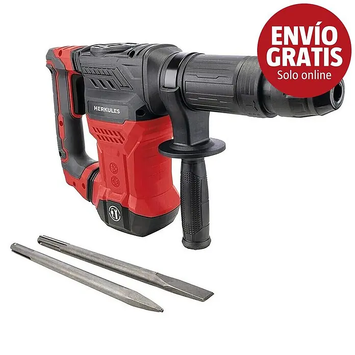 Herkules Martillo demoledor AB1500X - 1.300 W, 20 J, Alojamiento SDS-MAX - Martillo perforador Herkules rojo y negro con dos cinceles para demolición.