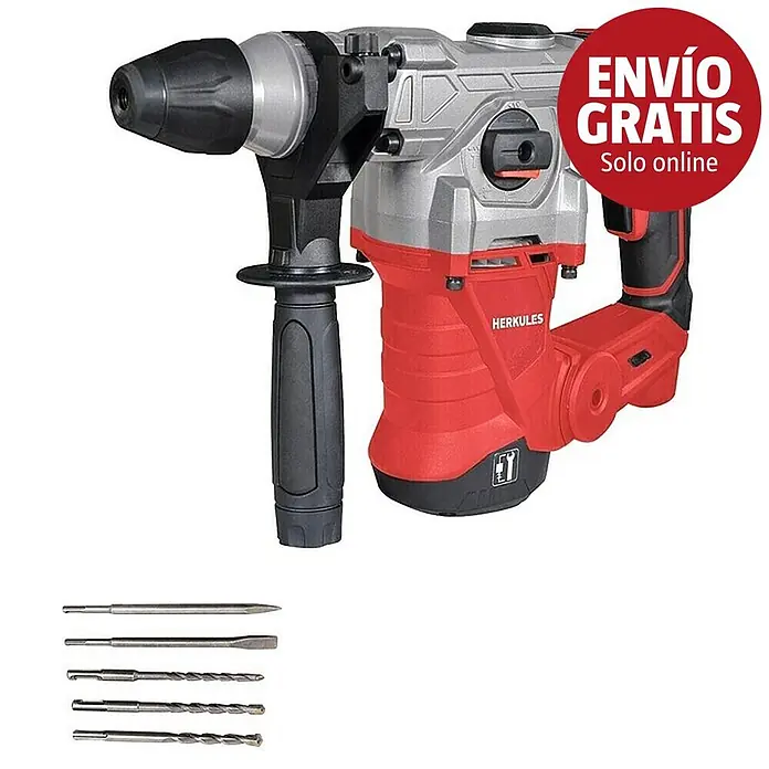 Herkules Martillo perforador DH1300PLUS - 1.250 W, 5 J, Alojamiento SDS-Plus - Taladro percutor Herkules rojo y plateado con empuñadura auxiliar y un juego de cinco brocas/cinceles.