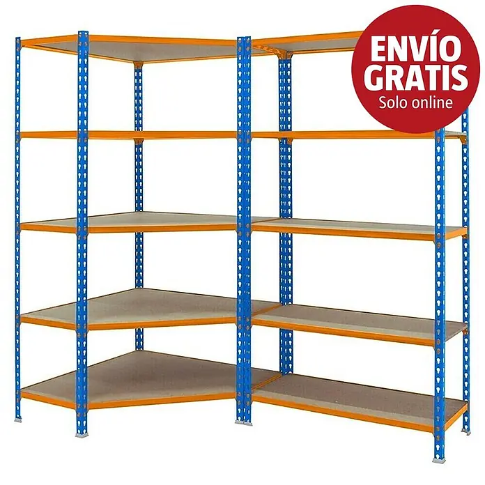 Simonrack Maderclick Set de estanterías Corner - Al x An x Pr: 180 x 90 x 30 cm, Capacidad de carga por balda: 150 kg, Número de baldas: 10 ud., Inserción, Azul/Naranja - Estantería esquinera en forma de L azul y naranja con cuatro estantes grises ajustables a cada lado.