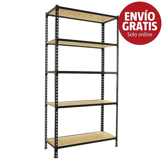 Simonrack Maderclick Estantería metálica Plus - Al x An x Pr: 200 x 100 x 40 cm, Capacidad de carga por balda: 150 kg, Número de baldas: 5 ud., Inserción, Antracita/OSB - Estantería metálica negra con cinco estantes de madera clara.