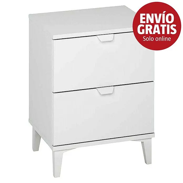 Meka Block Mesita de noche K-913 - L x An x Al: 56,1 x 43 x 56,1 cm, Blanco poro, Número de cajones: 2 ud. - Mesita de noche blanca con dos cajones y tiradores integrados sobre patas cónicas.