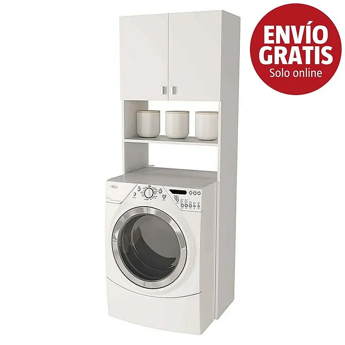 Meka Block Mueble auxiliar sobre lavadora - L x An x Al: 35,6 x 75 x 180 cm, Blanco - Mueble de lavandería blanco con dos armarios superiores, un estante y lavadora de carga frontal blanca integrada.