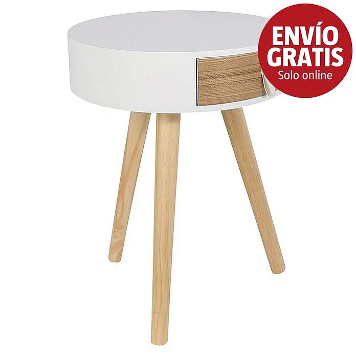 Home Deco Factory Mesa auxiliar - Ø x Al: 35 x 46,5 cm, Blanco/Madera, Número de cajones: 1 ud. - Mesa auxiliar redonda blanca con cajón frontal de madera y tres patas de madera.