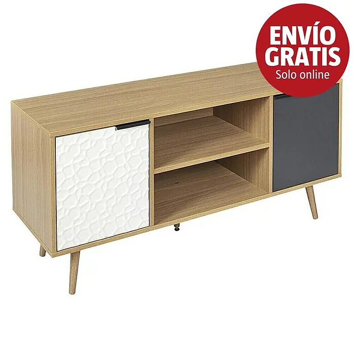 Home Deco Factory Sven Mueble para TV - L x An x Al: 39 x 120 x 56,3 cm, Madera/Blanco/Antracita, MDF, Detalles geométricos - Mueble de TV de madera clara con puertas correderas blancas texturizadas y gris oscuro, estantes abiertos y patas cónicas.