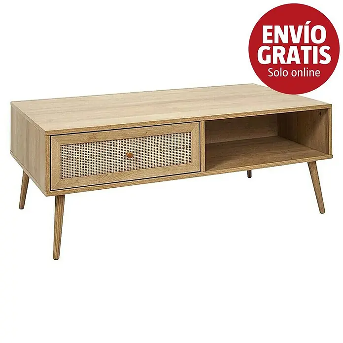 Home Deco Factory Bali Mesa - L x An x Al: 59 x 110 x 41,4 cm, Madera, Con ratán trenzado - Mesa de centro de madera clara con cajón de ratán y estante abierto, sobre patas cónicas.