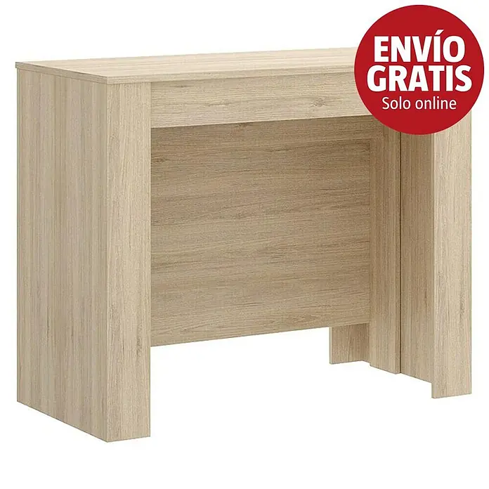 Dekit Mesa de comedor Kiona - L x An x Al: 90 x 239 x 77 cm, Natural, Extensible - Escritorio de madera clara con un compartimento abierto bajo el tablero.