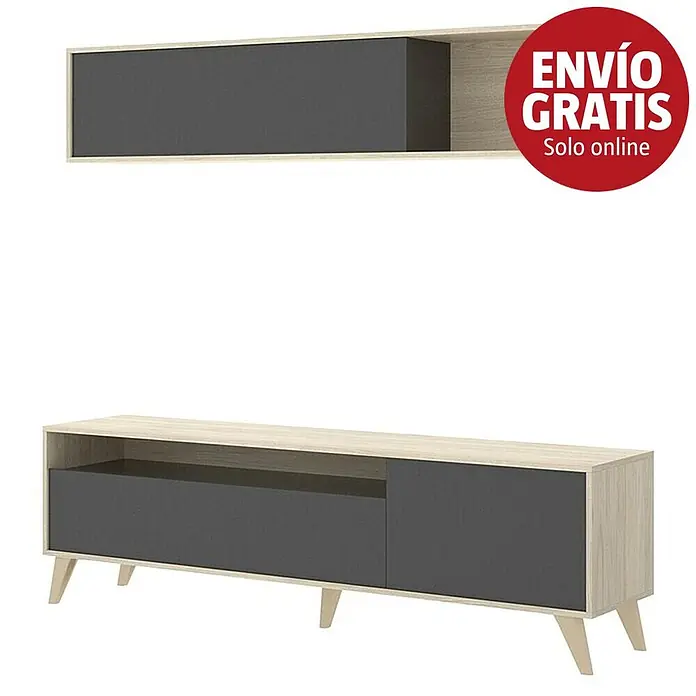 Dekit Conjunto mueble de salón Bonn - Natural/Grafito, 2 pzs. - Conjunto de mueble TV de dos piezas con estante de pared y mueble de TV independiente, en efecto madera clara y gris oscuro.