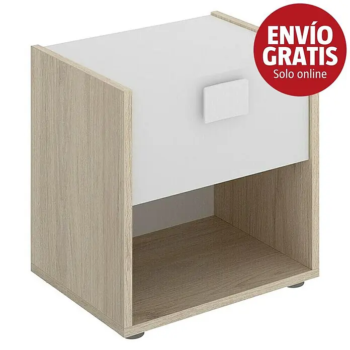Dekit Mesita de noche Dina - L x An x Al: 33 x 40 x 42 cm, Natural/Blanco, Número de cajones: 1 ud. - Mesita de noche roble claro y blanca con un cajón y estante abierto.
