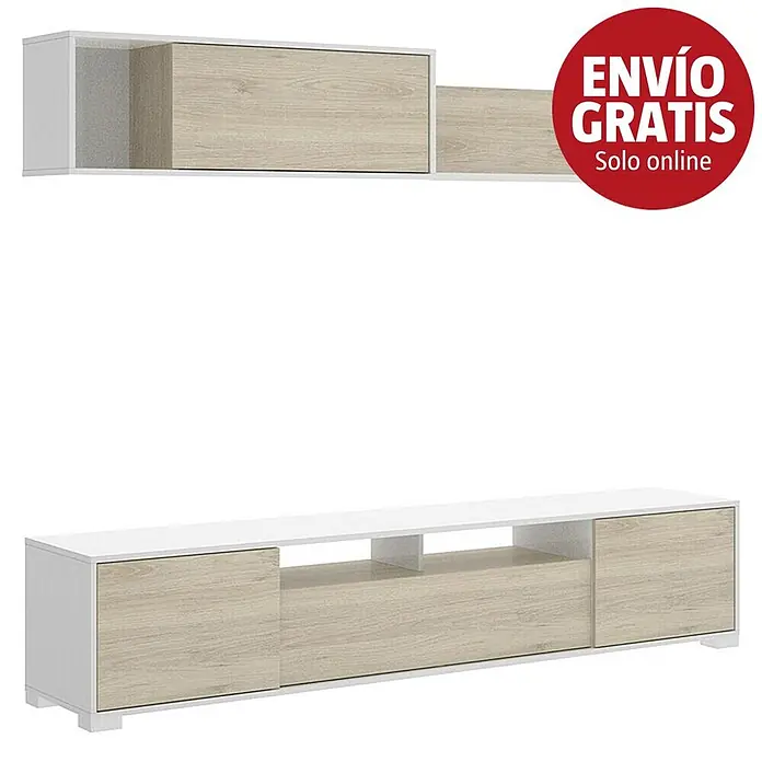 Dekit Conjunto mueble de salón Ken - Blanco brillo/Natural, 3 pzs. - Mueble TV blanco y madera clara con estante de pared a juego.