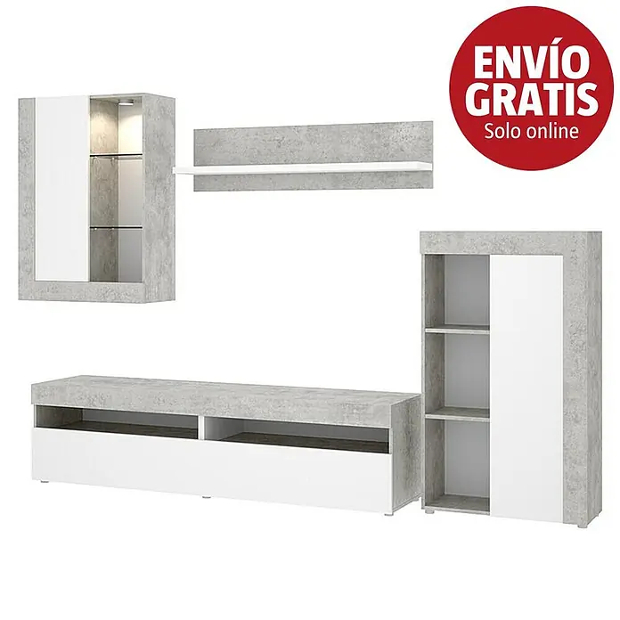 Dekit Conjunto mueble de salón Toki - Blanco/Cemento, Iluminación LED, 4 pzs. - Imagen de campaña
