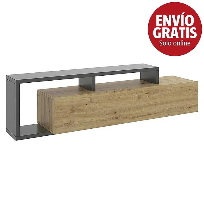 Dekit Mueble para TV Kram - L x An x Al: 40 x 165 x 47 cm, Roble Nordic/Grafito - Mueble TV moderno con módulo efecto madera clara y marco gris oscuro.