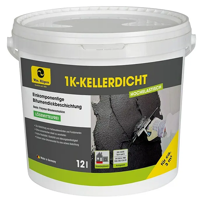 Bitumen-Dickbeschichtung 1 K - 12 l, Lösemittelfrei, Gebrauchsfertig - Produktbild eines Eimers 1K-Kellerdicht, einer einkomponentigen Bitumendickbeschichtung für Kellerabdichtungen, lösemittelfrei und hochelastisch.