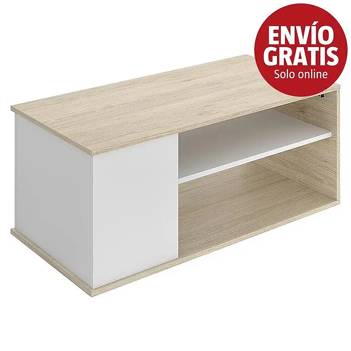 Dekit Bari Mesa elevable - L x An x Al: 50 x 100 x 53,7 cm, Natural/Blanco - Mueble bajo en roble claro y blanco con un compartimento cerrado y dos estantes abiertos.