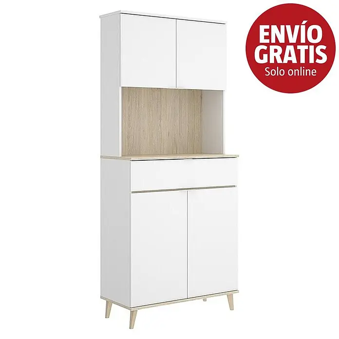 Dekit Aparador buffet Wok - L x An x Al: 40 x 60 x 191 cm, Blanco/Natural, Número de puertas: 4 ud. - Armario auxiliar blanco con detalles en madera, estante abierto, cajón y puertas, sobre patas de madera.