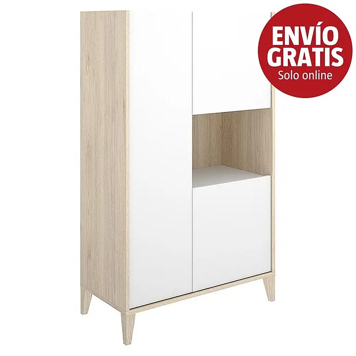 Dekit Bari Aparador - L x An x Al: 43 x 81 x 137,5 cm, Blanco/Natural, Número de puertas: 3 ud. - Armario alto y estrecho con estructura de madera clara y puertas/estantes blancos, sobre patas de madera.