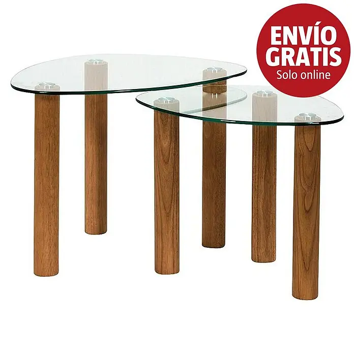 Home Deco Factory Mesa - 2 unidades, Vidrio, Curvado - Dos mesas nido con tapas de cristal curvas y patas cilíndricas de madera.