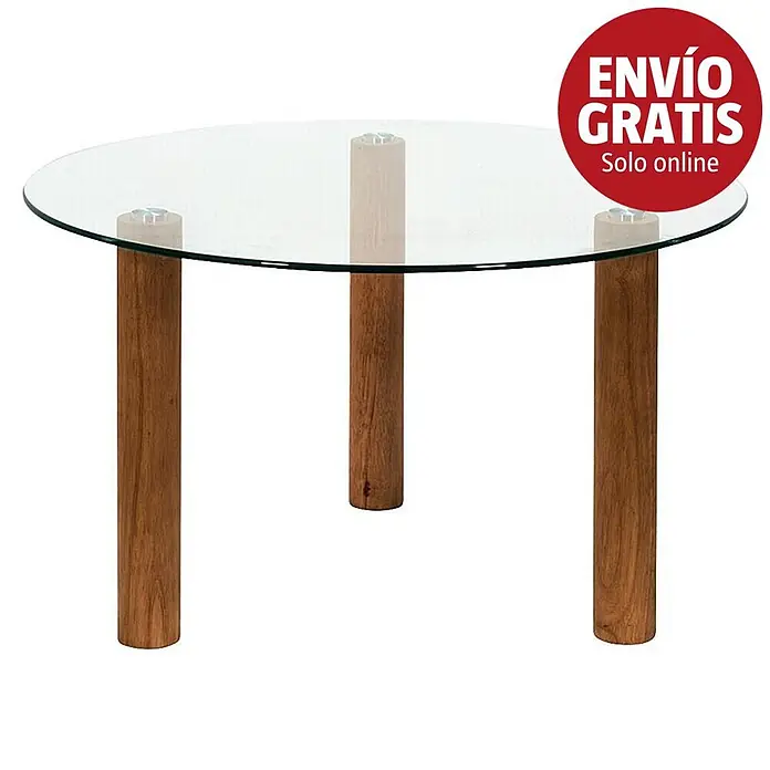 Home Deco Factory Mesa - Ø x Al: 45 x 75 cm, Vidrio - Mesa redonda de cristal con tres patas cilíndricas de madera.