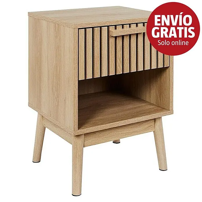 Home Deco Factory Klaus Mesita de noche - L x An x Al: 35 x 40 x 55 cm, Marrón, Número de cajones: 1 ud., Diseño acanalado - Mesita de noche de madera clara con cajón de lamas y estante abierto, sobre patas cónicas.