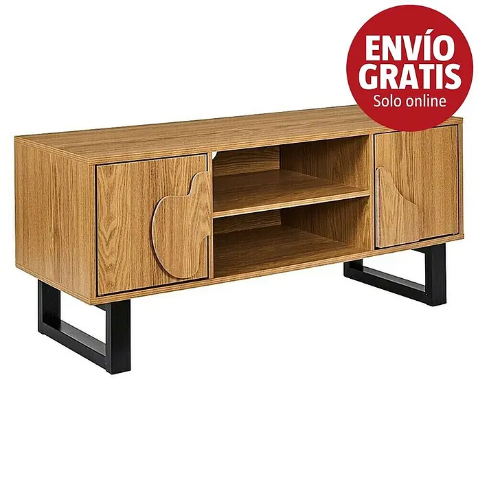 Home Deco Factory Calypso Mueble para TV - L x An x Al: 40 x 110 x 48 cm, Marrón/Negro, Relieves curvos - Mueble TV de madera clara con patas de metal negro, dos puertas correderas con tiradores tallados y estantes abiertos.