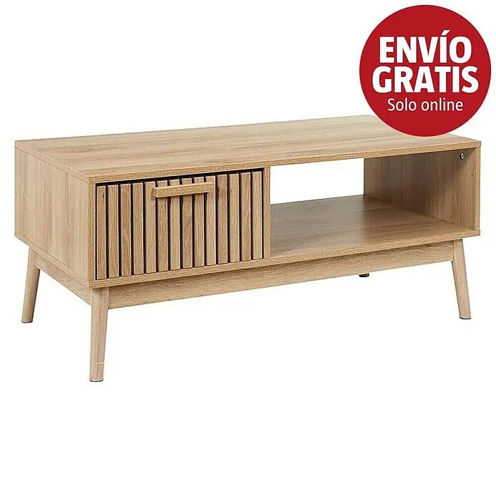 Home Deco Factory Klaus Mesa - L x An x Al: 50 x 100 x 43 cm, Madera, Diseño acanalado - Mesa de centro de madera clara con puerta de persiana, estante abierto y patas cónicas.