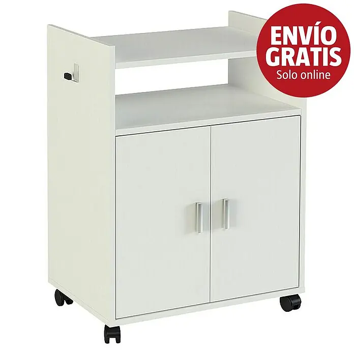 Meka Block Mueble auxiliar K-9420 - L x An x Al: 40 x 60 x 79,5 cm, Blanco, Ruedas - Armario de almacenamiento móvil blanco con dos estantes y puertas dobles.