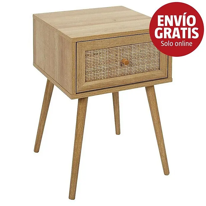 Home Deco Factory Bali Mesita de noche - L x An x Al: 39 x 39 x 55,4 cm, Marrón, Número de cajones: 1 ud., Con ratán trenzado - Mesita de noche de madera clara con un cajón de ratán y cuatro patas cónicas.