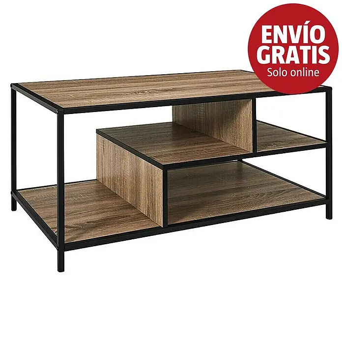 Home Deco Factory Edison Mesa - L x An x Al: 40 x 110 x 45 cm, Marrón/Negro - Mesa de centro estilo industrial con estantes de madera oscura y estructura de metal negro.