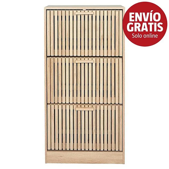 Home Deco Factory Klaus Zapatero - L x An x Al: 24 x 60 x 113 cm, Marrón, Número de compartimentos: 3 ud., Diseño acanalado - Zapatero de madera clara con tres compartimentos basculantes de lamas y tiradores encastrados.