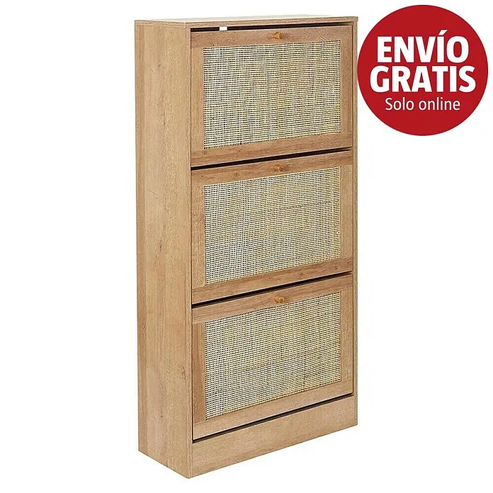 Home Deco Factory Bali Zapatero - L x An x Al: 24 x 60 x 113 cm, Marrón, Número de compartimentos: 3 ud., Con ratán trenzado - Zapatero de madera clara con tres compartimentos abatibles y frentes de rejilla de ratán.