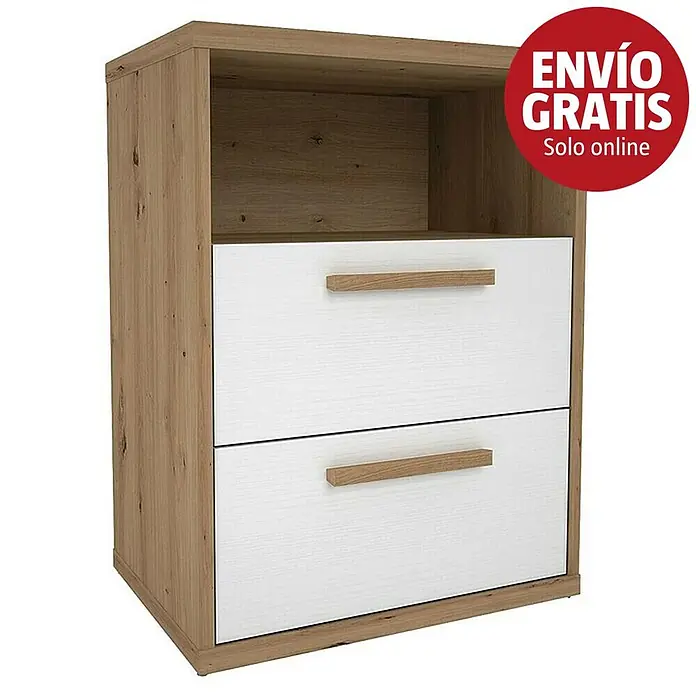 Meka Block Mesita de noche K-976 - L x An x Al: 33,6 x 48,3 x 64,5 cm, Roble Albar/Blanco Poro, Número de cajones: 2 ud. - Mesita de noche bicolor: estructura de madera clara, dos cajones blancos y un estante abierto.