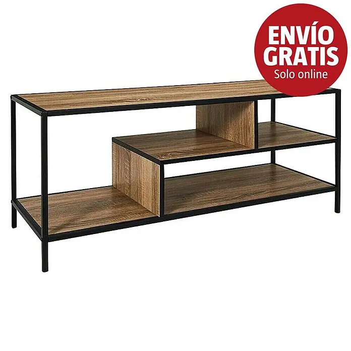 Home Deco Factory Edison Mueble para TV - L x An x Al: 40 x 110 x 45 cm, Negro/Marrón - Mueble de TV industrial de madera marrón y metal negro con estantes asimétricos.