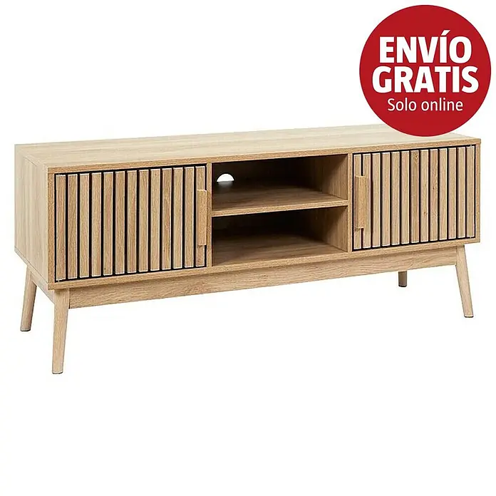 Home Deco Factory Klaus Mueble para TV - L x An x Al: 40 x 117 x 48 cm, Marrón, Diseño acanalado - Mueble de TV de madera clara con puertas de lamas, estantes abiertos y patas cónicas.