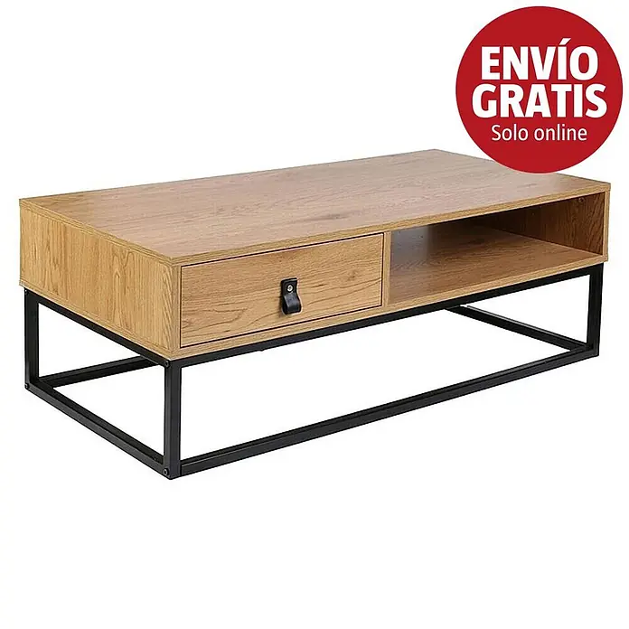 Home Deco Factory Abbot Mesa - L x An x Al: 50 x 100 x 36 cm, Marrón/Negro - Mesa de centro de madera clara con estructura metálica negra, cajón y balda abierta.