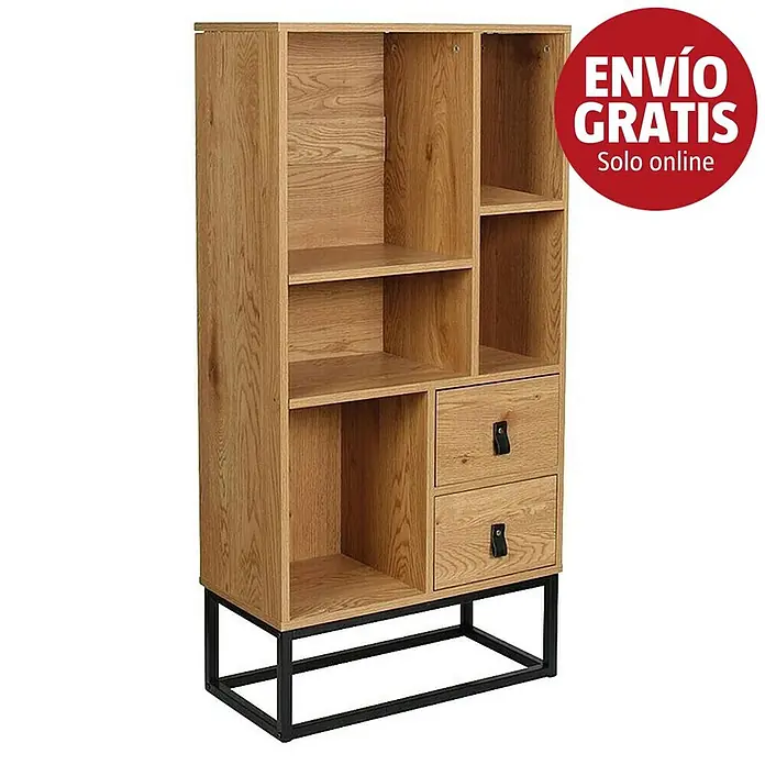 Home Deco Factory Abbot Estantería de madera - L x An x Al: 29 x 60 x 120 cm, Marrón/Negro, Número de cajones: 2 ud. - Estantería de madera clara con baldas abiertas y dos cajones con tiradores negros, sobre una base de metal negro.
