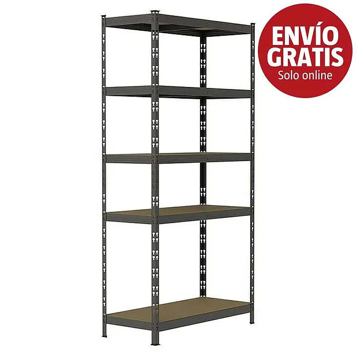 Regalux Estantería metálica - Al x An x Pr: 180 x 93 x 40 cm, Capacidad de carga por balda: 175 kg, Número de baldas: 5 ud., Inserción - Estantería metálica robusta de cinco niveles gris oscuro con estantes marrones.