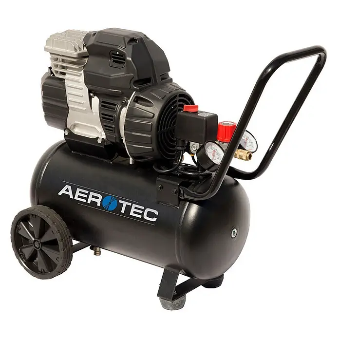 AEROTEC 270-24 TECH Kompressor, 175 l/min, 10 bar, 24 l -  - Schwarzer tragbarer AEROTEC Luftkompressor mit silbernen Komponenten, Rädern, Griff und Druckmanometern.