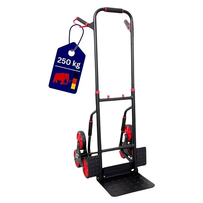 Klappbarer Profi-Treppensteiger TAURUS 250 Traglast 250kg 115x52x63cm -  - Schwarze Sackkarre/Treppensteigerkarre mit roten Akzenten und Rädern, 250 kg Traglast.