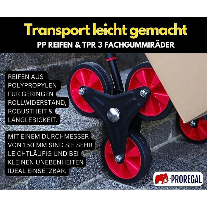Klappbarer Profi-Treppensteiger TAURUS 250 Traglast 250kg 115x52x63cm -  - Rotes und schwarzes 150mm PP- und TPR-Dreifachradsystem für Transportwagen, auf Stufen zur einfachen Überwindung.