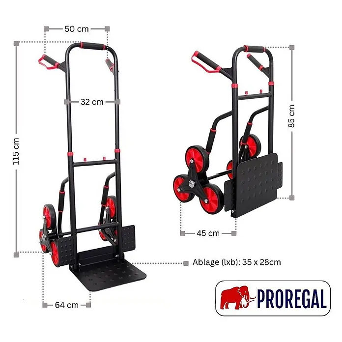 Klappbarer Profi-Treppensteiger TAURUS 250 Traglast 250kg 115x52x63cm -  - Schwarze und rote Treppensteiger Sackkarre mit Maßen: 115cm hoch, 64cm tief, 50cm breit. Gefaltet 85cm hoch.