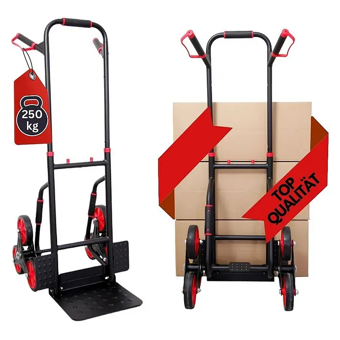Klappbarer Profi-Treppensteiger TAURUS 250 Traglast 250kg 115x52x63cm -  - Schwarze Sackkarre mit roten Akzenten und Rädern, geeignet für Lasten bis 250 kg.