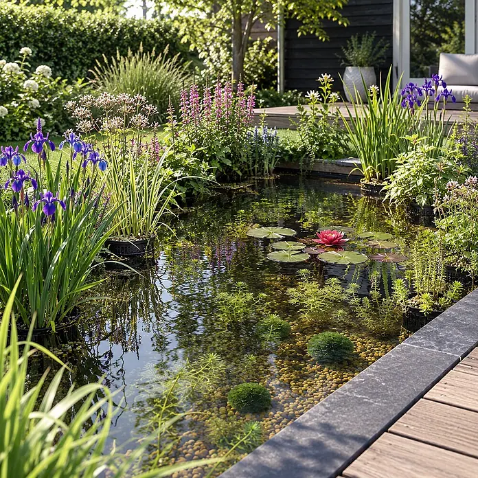 Komplettes Teichpaket Rot 500-1.250L - Sauerstoff & Ufer - Winterhart -  - Ein üppiger Gartenteich mit lebhaften Wasserpflanzen, einer rosa Seerose und violetten Schwertlilien, neben einem Holzdeck.