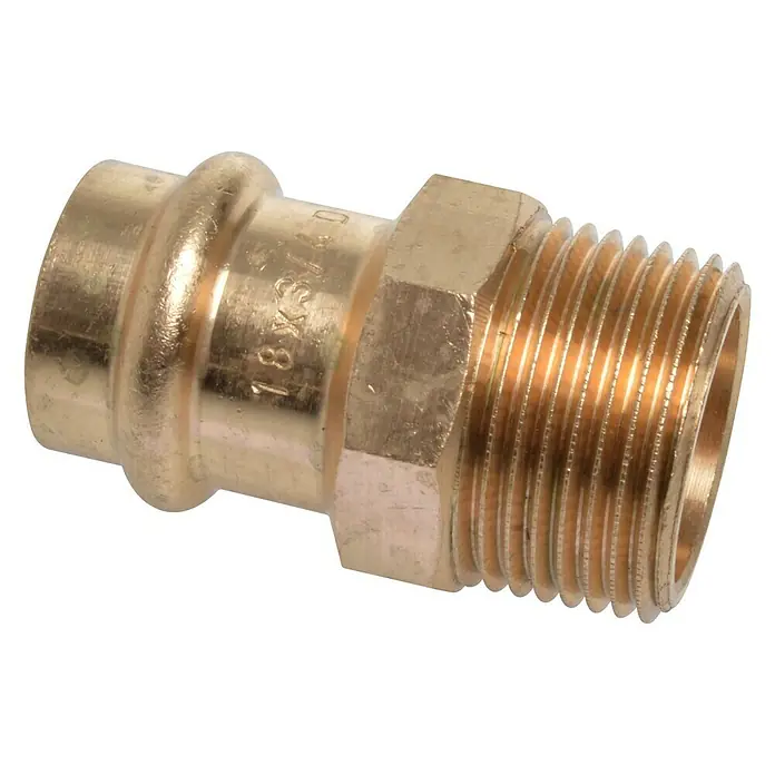 Press-Übergangsmuffe - Durchmesser: 18 mm, Außengewinde: ¾″, Presskontur: V - Messingfitting mit Gewinde, ideal für Sanitär- und Heizungsinstallationen. Robuste Ausführung für zuverlässige Verbindungen.
