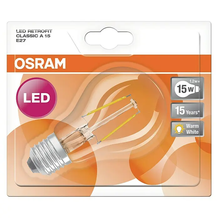 Osram LED-Lampe Glühlampenform E27 - E27, Nicht Dimmbar, Warmweiß, 136 lm, 1,2 W - Produktbild einer OSRAM LED Retrofit Classic A 15 E27 Lampe, die energiesparend und langlebig ist. Warmweißes Licht für gemütliche Atmosphäre.