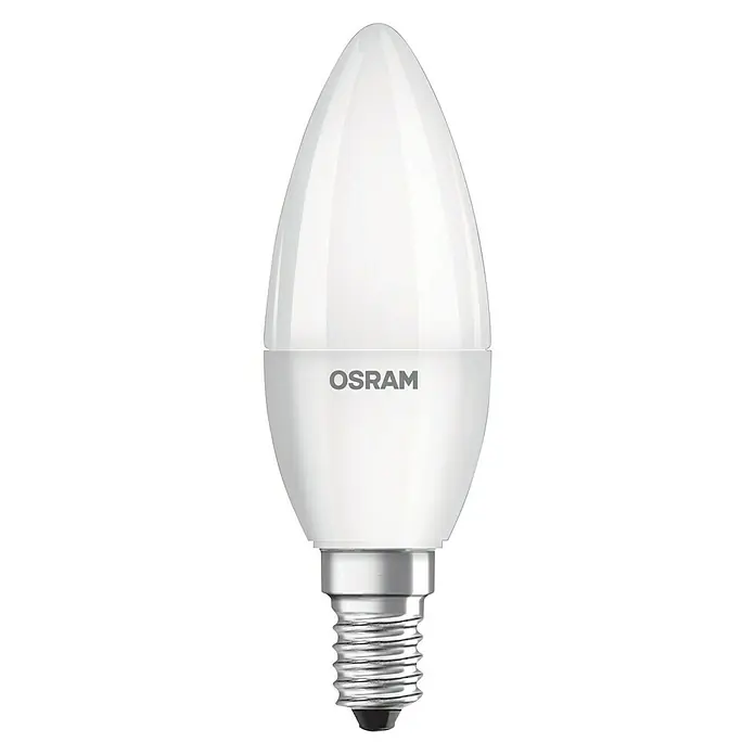 Osram LED-Lampe Kerzenform E14 matt - E14, Nicht Dimmbar, Kaltweiß, 470 lm, 5 W - Nahaufnahme einer OSRAM LED-Lampe in Kerzenform, ideal für stimmungsvolle Beleuchtung mit energiesparender Technologie und langer Lebensdauer.
