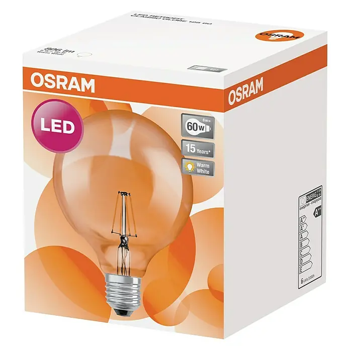 Osram LED-Lampe Vintage Globe-Form E27 - E27, Nicht Dimmbar, Warmweiß, 806 lm, 6 W - Nahaufnahme der Verpackung einer Osram LED-Filament-Glühbirne, die eine A++ Energieeffizienzklasse und warmweißes Licht verspricht.