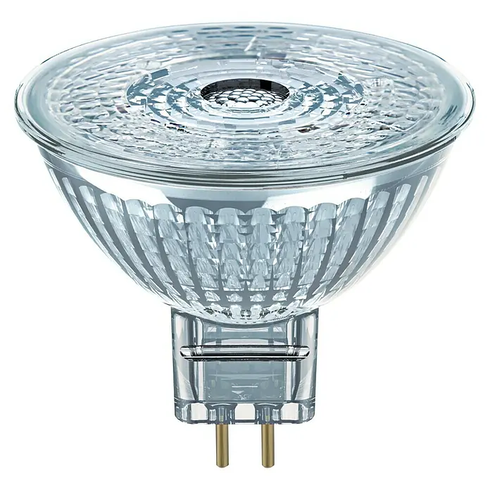 Osram LED-Lampe Pin G4 MR16 - GU5,3, Dimmbar, Kaltweiß, 350 lm, 5,3 W - Nahaufnahme einer klaren MR16-Halogenlampe, die ihre komplexe interne Struktur und ihre Stiftebasis zeigt. Ideal für Akzentbeleuchtung.