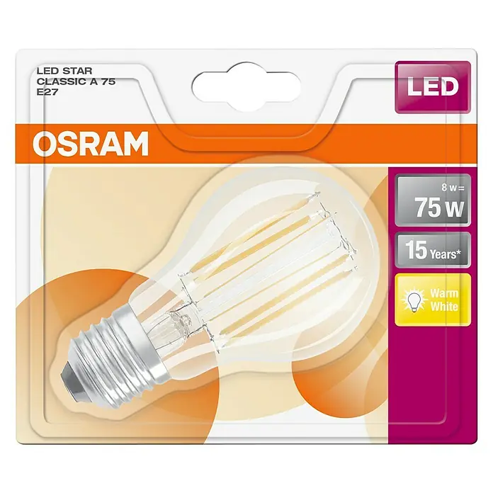 Osram Bombilla LED Retrofit Classic A - E27, No regulable, Blanco cálido, 1.055 lm, 7,5 W - Imagen de una bombilla Osram LED Star Classic A 75 E27, que emite luz blanca cálida y cuenta con una larga vida útil.